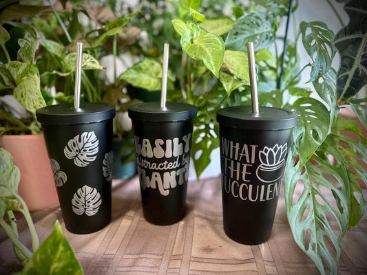 Black Coated Stainless Steel Plant Theme Tumbler